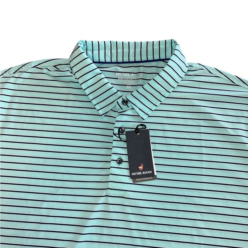NEW Michel Rouen Men's Light Turquoise And Navy Striped Polo Shirt